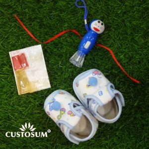 Creative summer sandals + torch rakhi of doremon + tilak-chandan-chawal-mishri