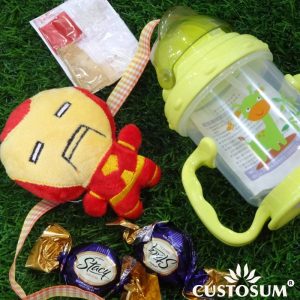 Alternative view of Soft Toy keychain Rakhi  inclusive of Tilak-Chandan-Chawal-Mishri and Delicious Chocolate Treat